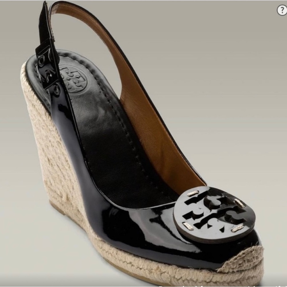 TORY BURCH Hallie Espadrilles Black Patent Leather Jute Wedge Sling Back